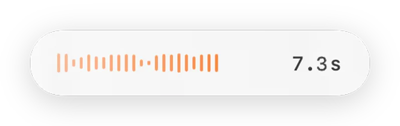 The Parakeety recording HUD pill: a glassy capsule with an orange waveform and a 7.3s time readout